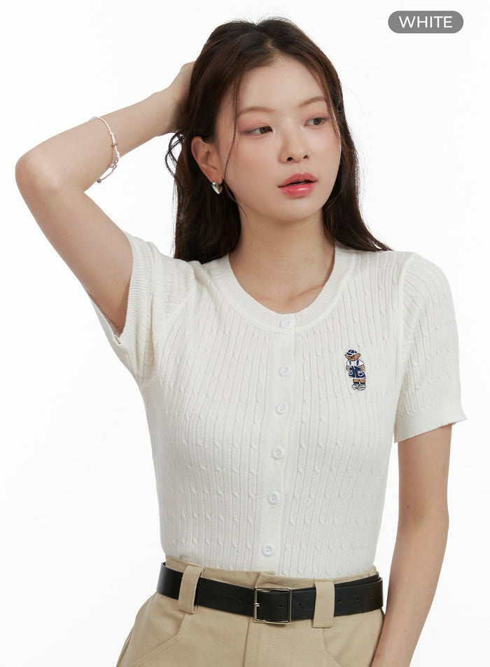 cable-embroidered-short-sleeve-cardigan-ou411 / White