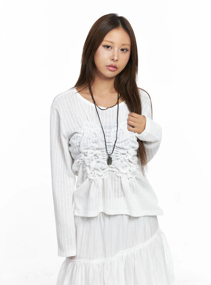 ruffled-ribbed-long-sleeve-top-co510 / White