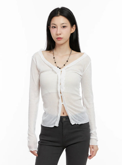 sheer-ruffle-long-sleeve-cardigan-cg522 / White