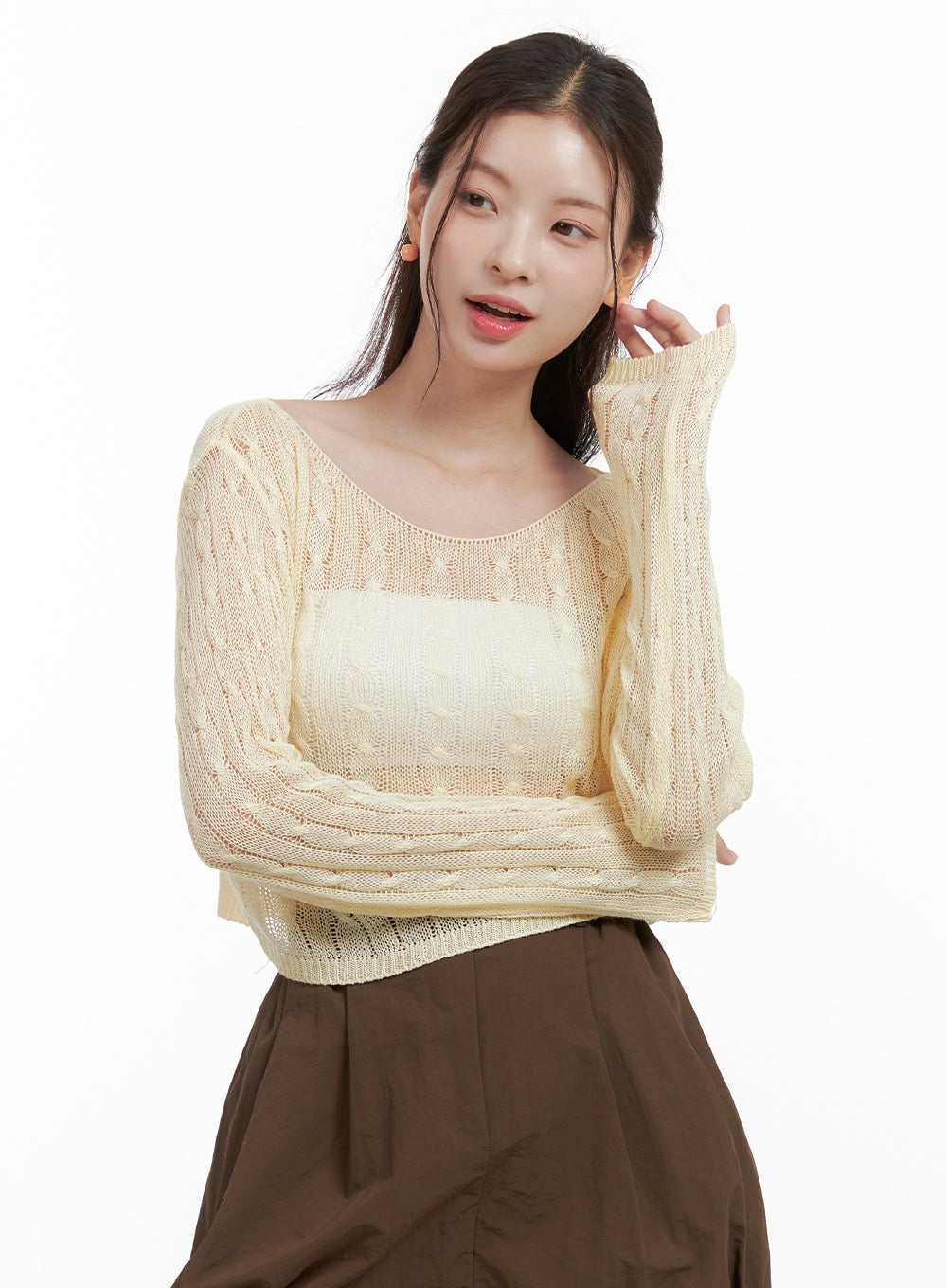 cable-knit-sheer-crop-sweater-ol417 / Yellow