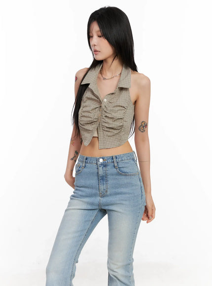 gingham-sleeveless-halter-top-cl525 / Beige