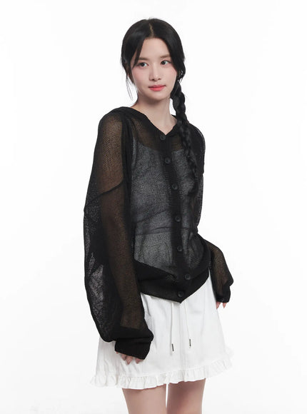 sheer-buttoned-hooded-cardigan-cu523 / Black