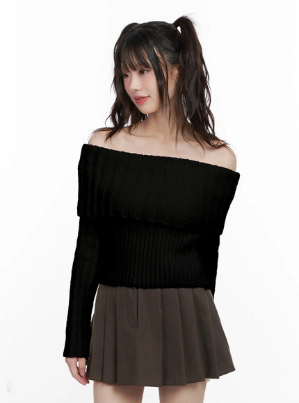 crop-off-shoulder-knit-sweater-cn510 / Black