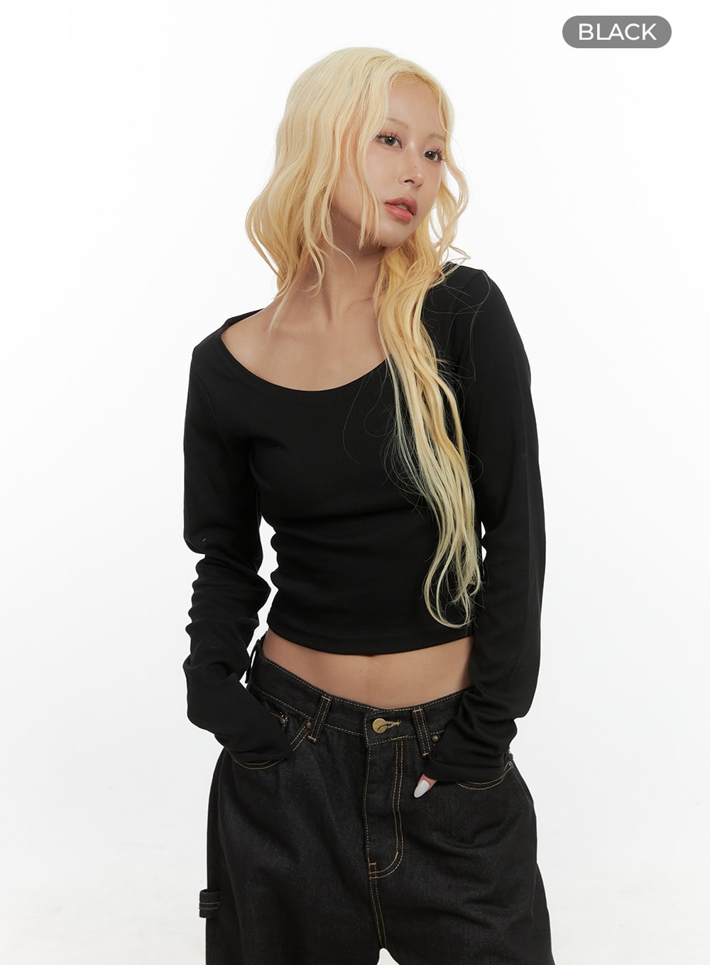 classic-u-neck-cotton-long-sleeve-crop-cs426 / Black