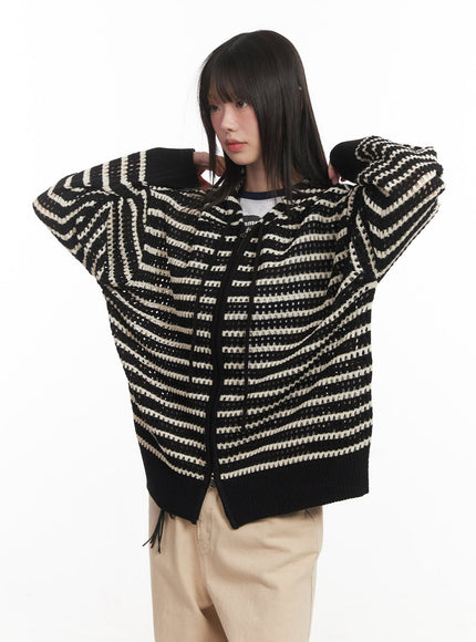striped-zip-up-oversized-hooded-sweater-cm520 / Black