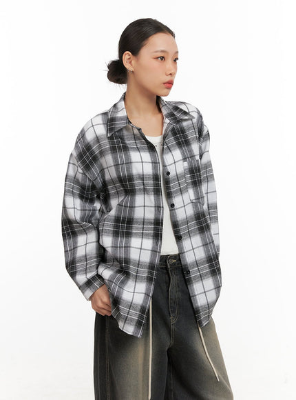 checkered-collared-button-up-blouse-cd410 / Black