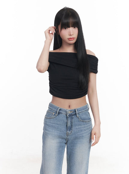 shirred-off-shoulder-crop-top-cy527 / Black