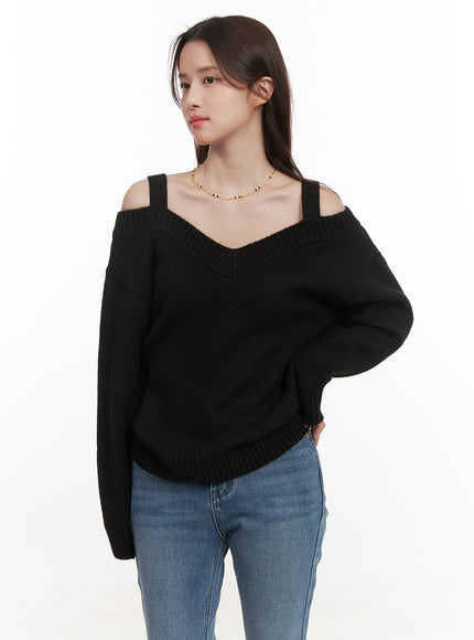 Off-Shoulder V-Neck Sweater with Straps CJ515