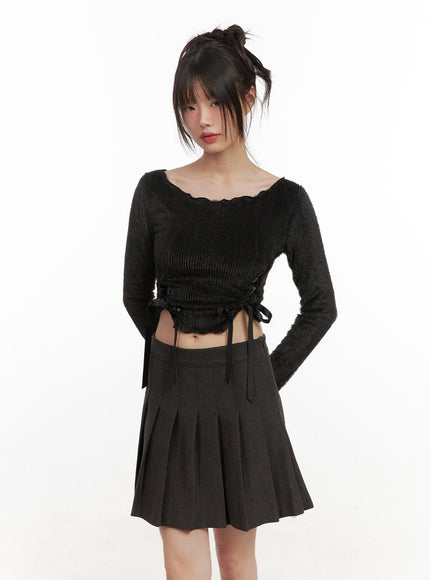 Ribbon Boat-Neck Long-Sleeve Crop Top CJ501