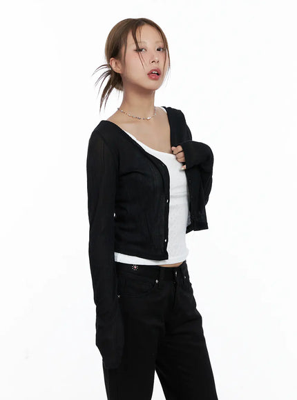 light-blue-ribbed-cropped-cardigan-cl511 / Black