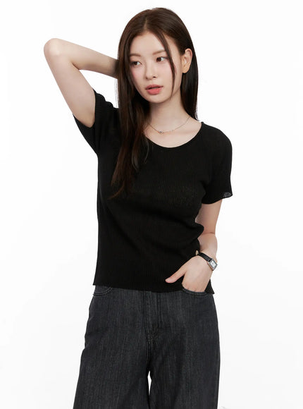 scoop-neck-short-sleeve-knit-top-cl523 / Black