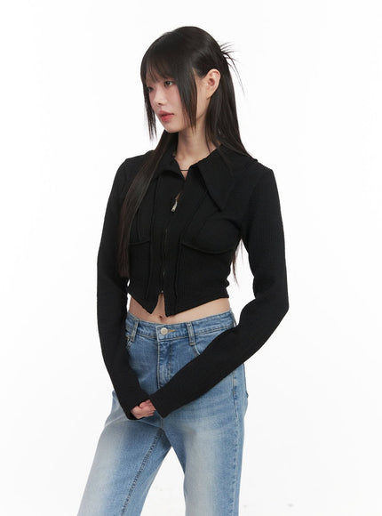 Zip-Up Collared Long-Sleeve Crop Top CJ523