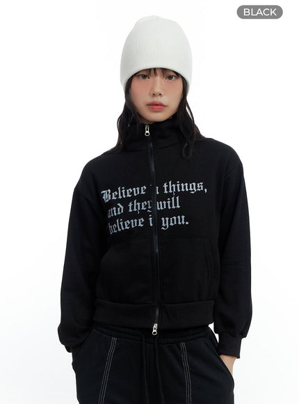 zip-up-cotton-lettered-sweatshirt-cs420 / Black