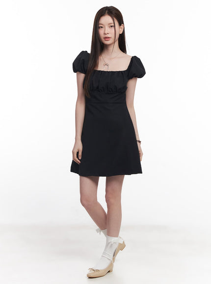 puff-sleeve-shirring-mini-dress-cy515 / Black
