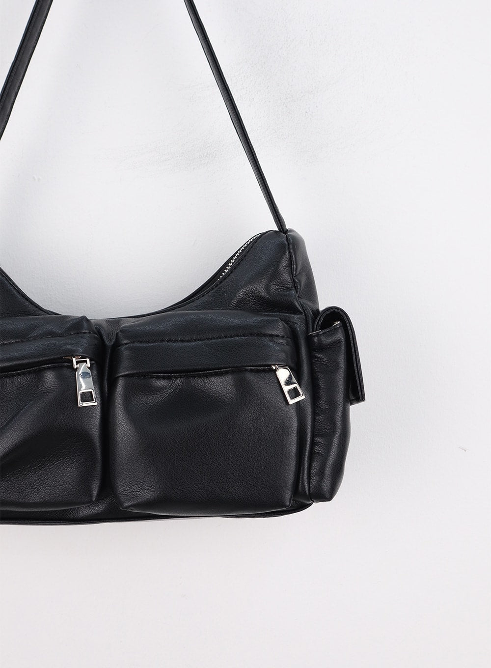 Black Leather Pocketed Cross Body Bag