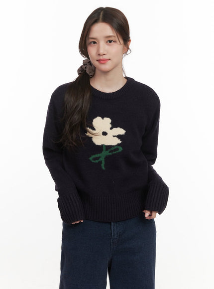 flower-graphic-knitted-sweater-cj515 / Dark blue