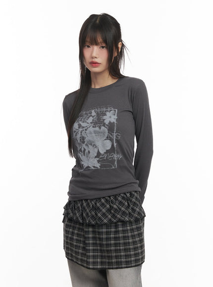 flower-graphic-long-sleeve-top-cf519 / Dark gray