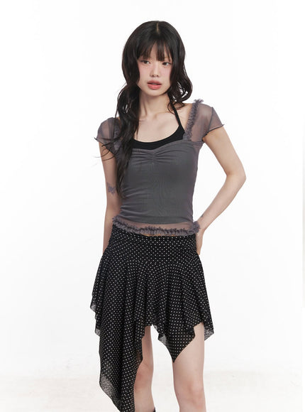 puff-sleeve-sheer-top-cy520 / Gray