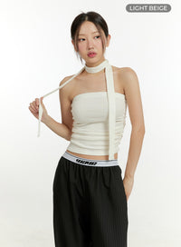 shirred-tube-top-with-thin-scarf-set-cu426 / Light beige