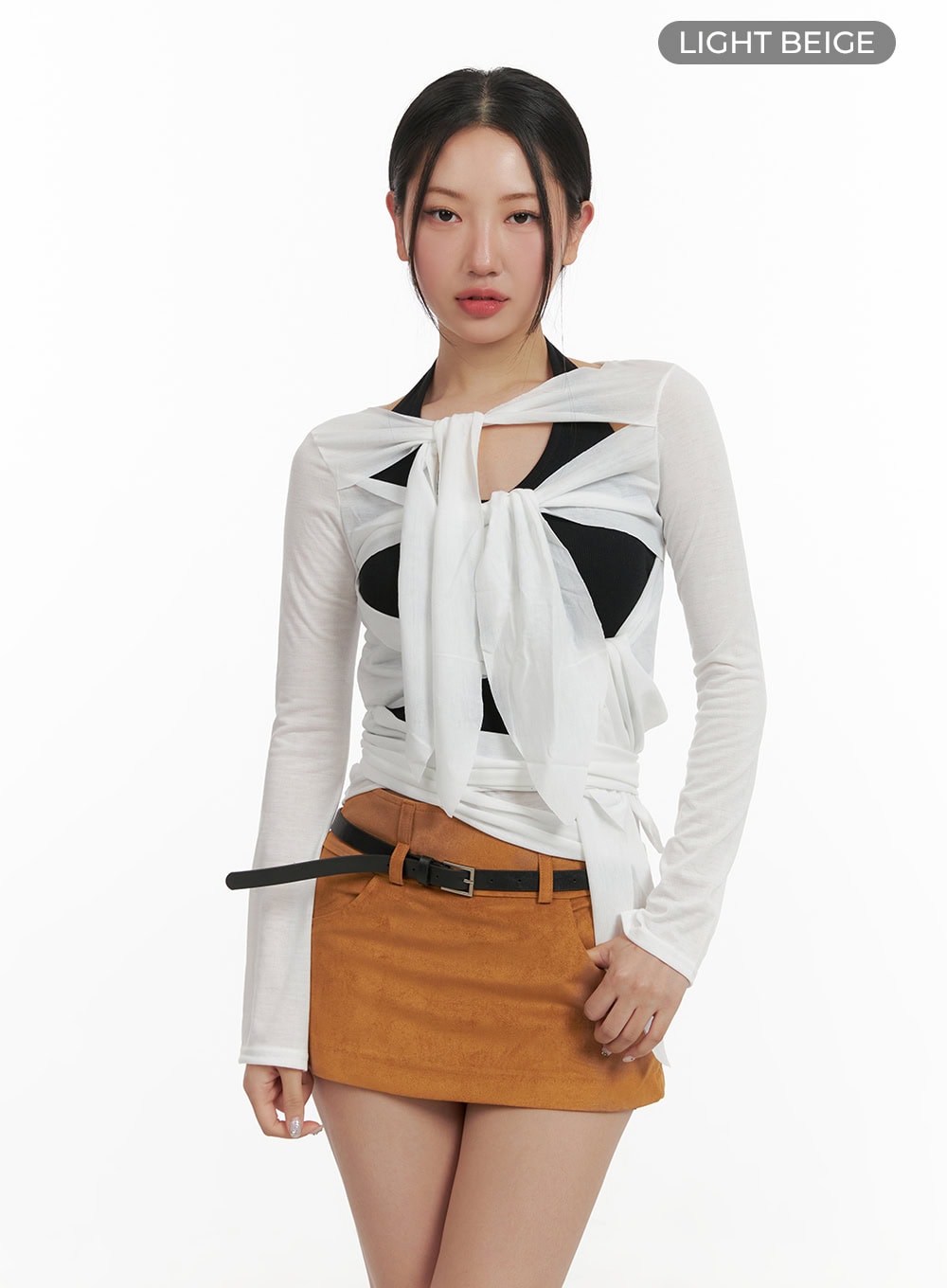 ribbon-strap-cut-out-long-sleeve-cy403 / Light beige