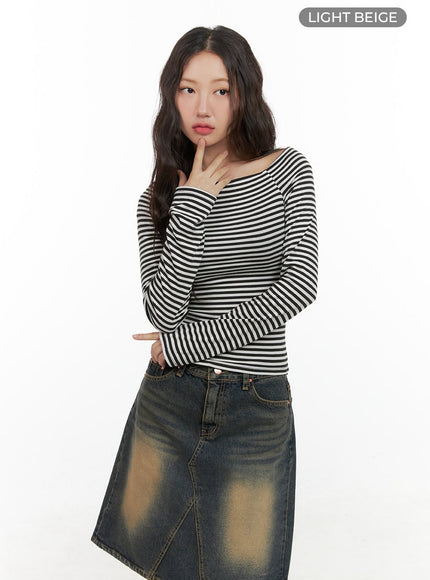 stripe-square-neck-long-sleeve-cg423 / Light beige