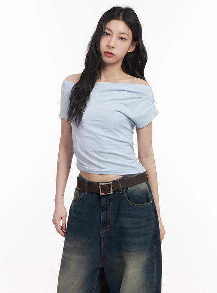 one-shoulder-shirring-crop-top-cf513 / Light blue