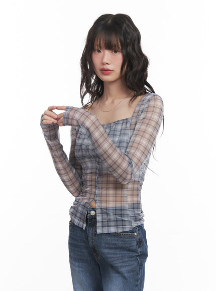 sheer-checkered-square-neck-crop-top-cm520 / Light blue
