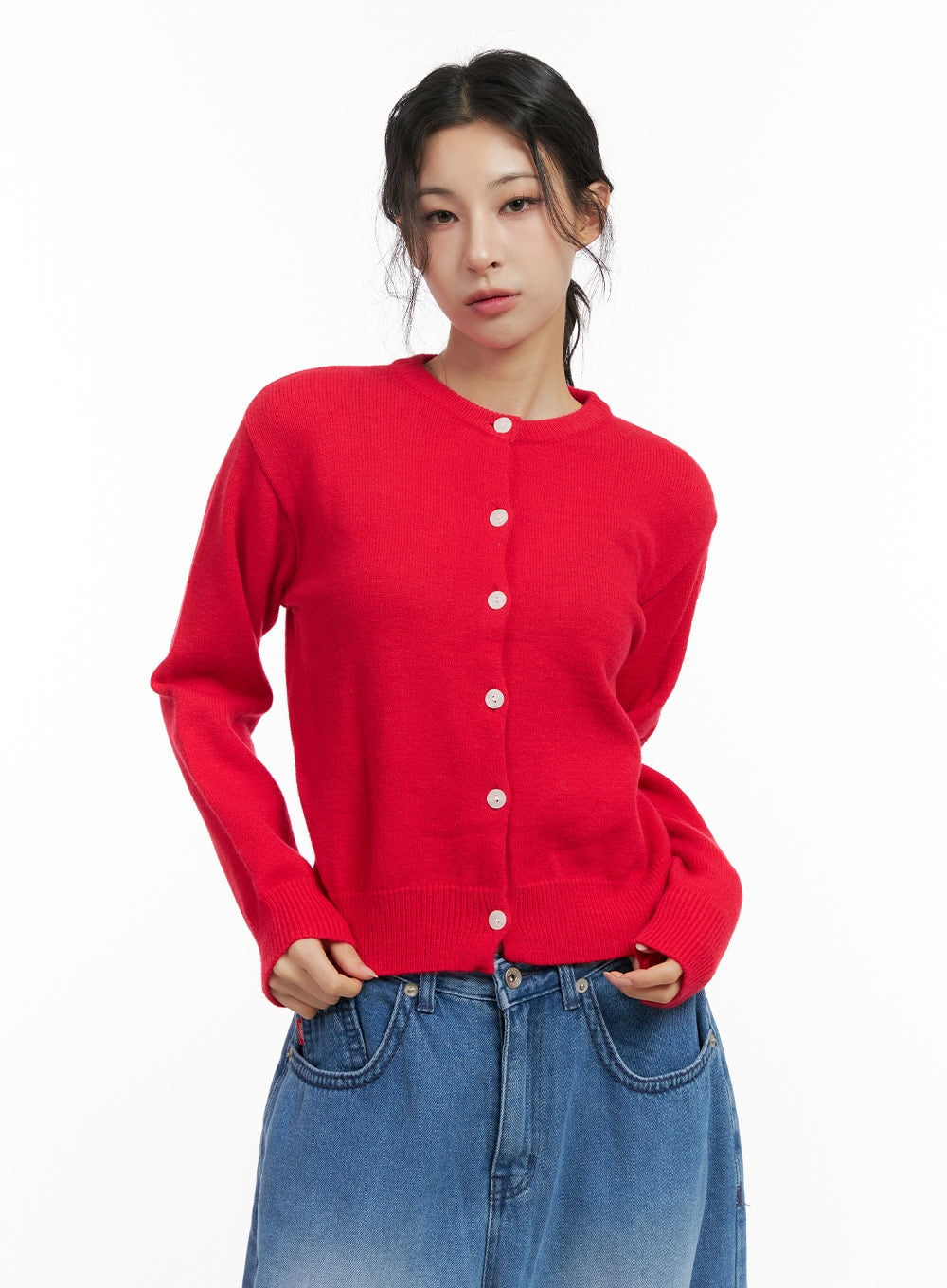 soft-knit-solid-cardigan-cn416 / Red