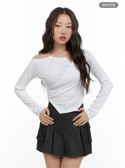 unbalanced-shoulder-chain-long-sleeve-cg423 / White