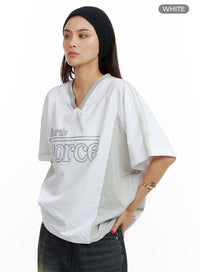 oversize-nylon-lettering-v-neck-top-cu417 / White