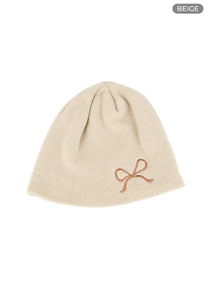 ribbon-embroidered-beanie-om418 / Beige