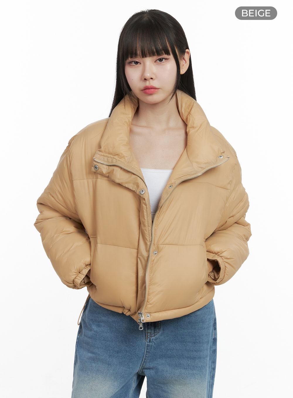 chic-nylon-crop-puffer-jacket-oo401 / Beige