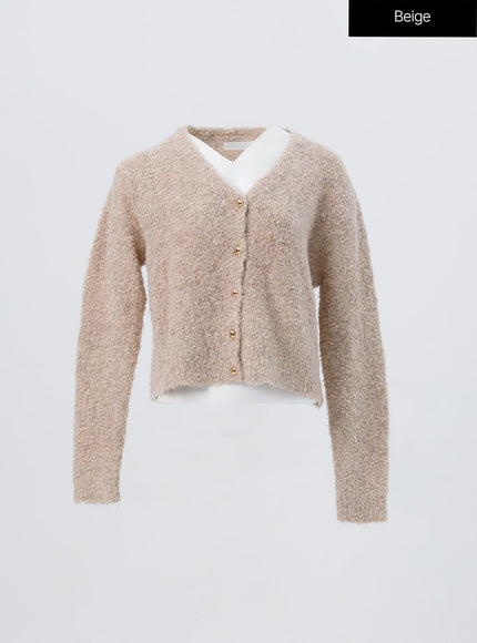 fuzzy-v-neck-cardigan-os326 / Beige