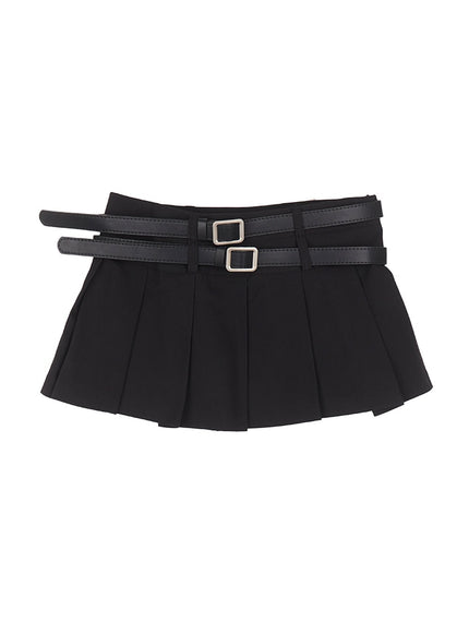 double-belt-pleated-mini-skirt-cu506 / Black