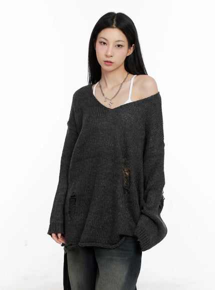distressed-loose-knit-sweater-cg522 / Black