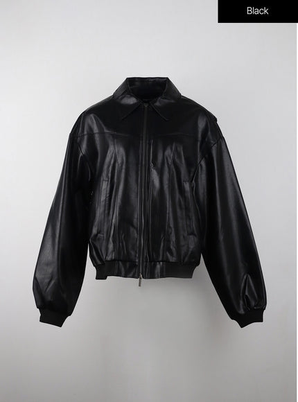 zip-up-faux-leather-bomber-jacket-ij403 / Black