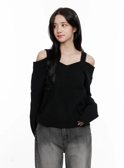 v-neck-off-shoulder-knit-sweater-co524 / Black