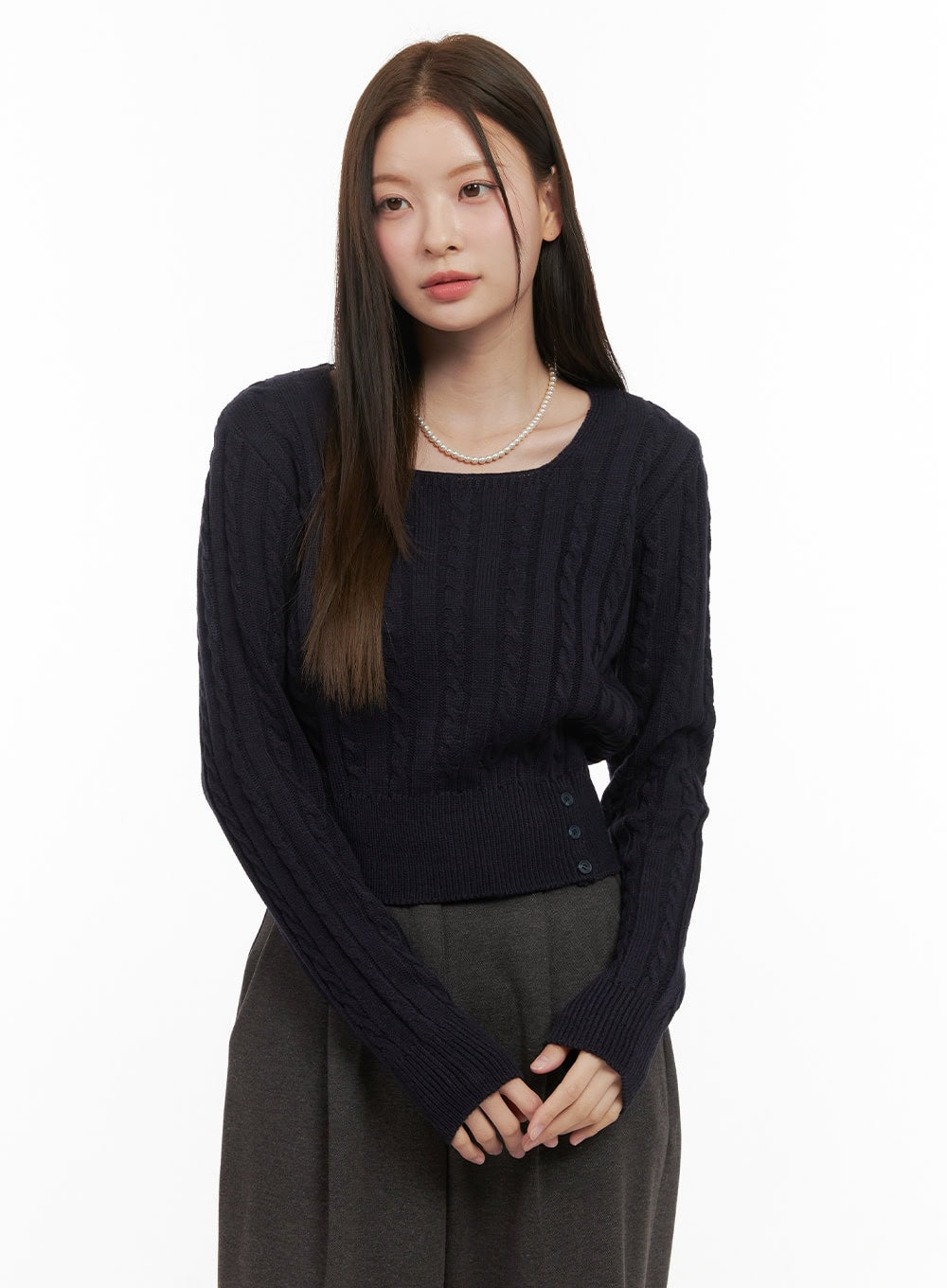 cable-knit-button-detail-sweater-od412 / Dark blue