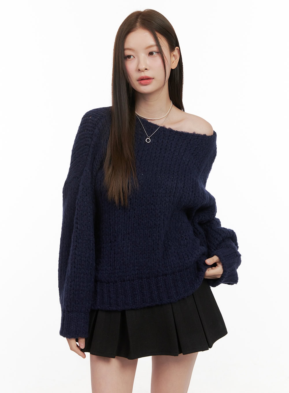 one-shoulder-solid-sweater-od412 / Dark blue