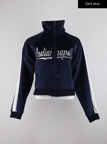 zip-up-velvet-lettering-jacket-cd311 / Dark blue