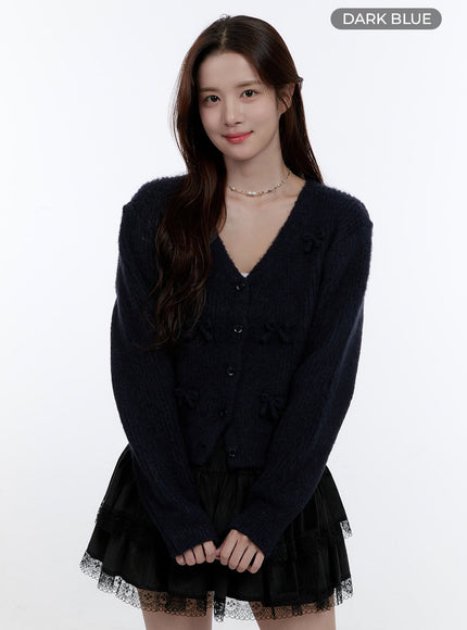ribboned-v-neck-cardigan-oo407 / Dark blue