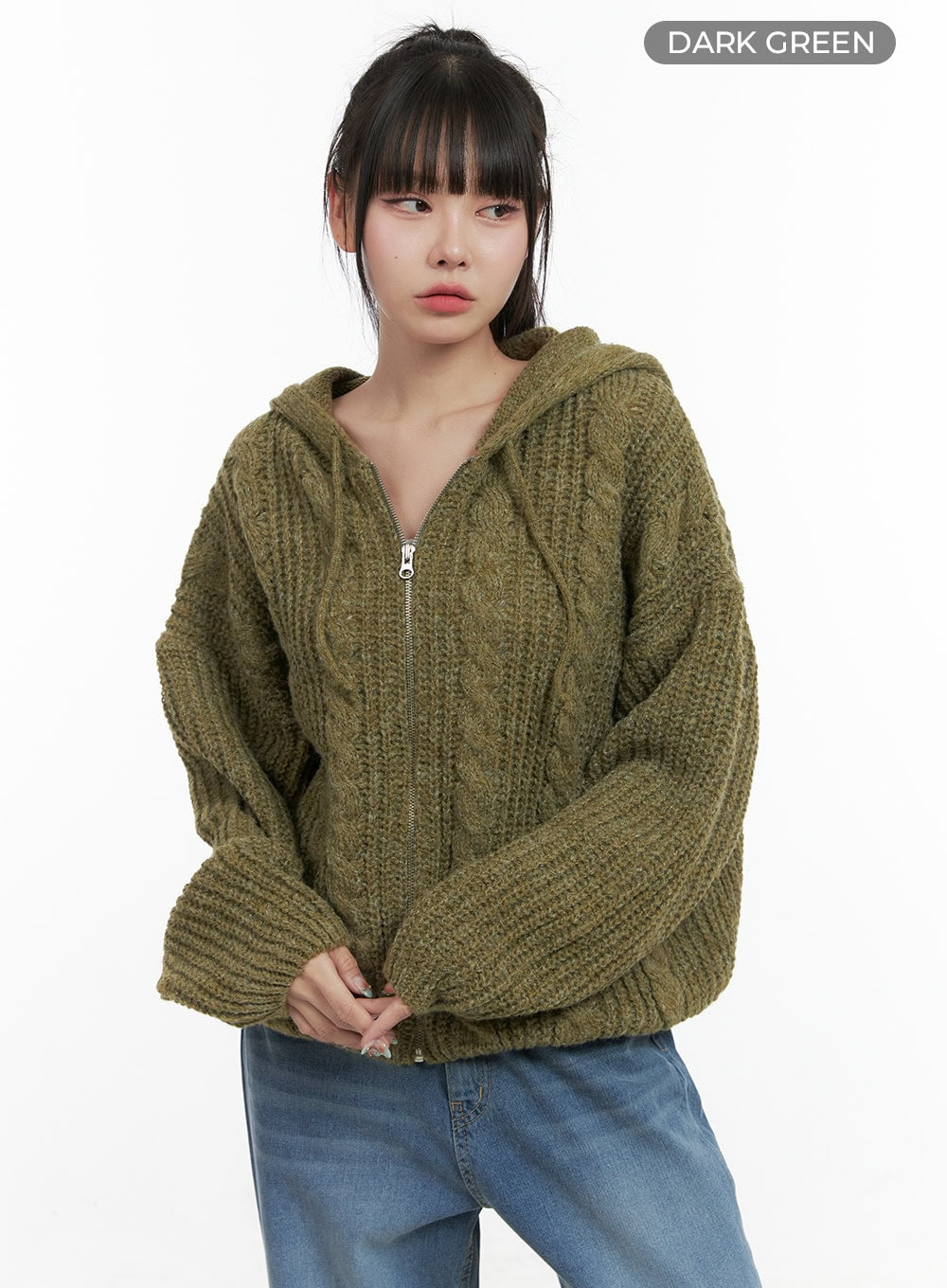 oversized-cable-knit-hooded-sweater-os410 / Dark green