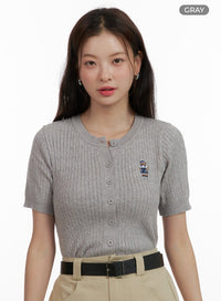 cable-embroidered-short-sleeve-cardigan-ou411 / Gray