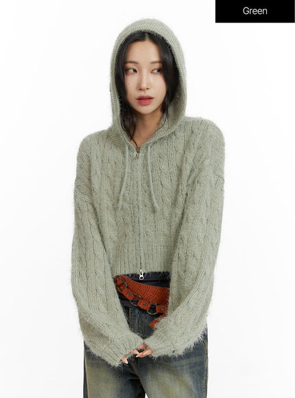 cable-knit-zippered-hooded-cardigan-cf416 / Green
