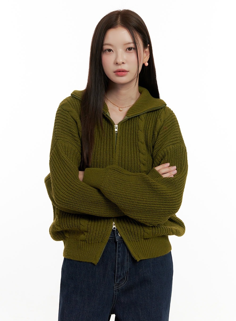 cable-knit-double-zip-cardigan-on422 / Green