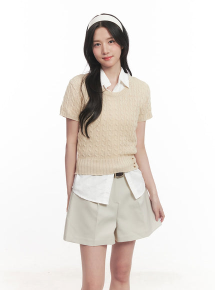 cable-knit-short-sleeve-sweater-ca510 / Light beige