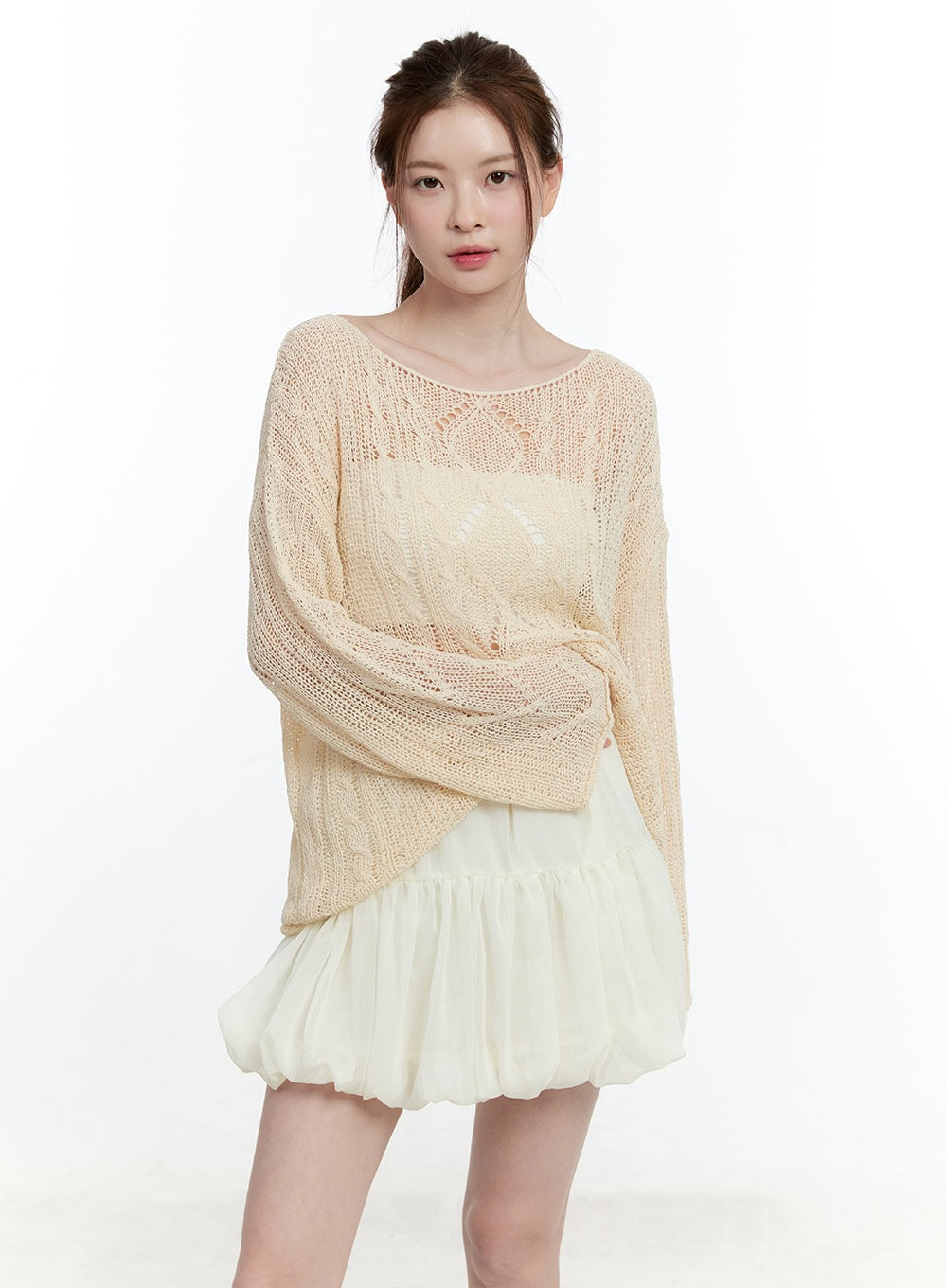 cable-knit-sheer-loose-fit-sweater-cm521 / Light beige