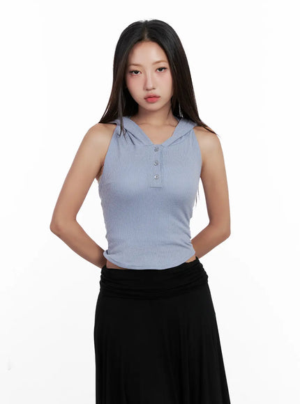 Ribbed Button Hoodie Crop Tank CL518