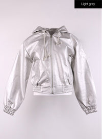 faux-leather-hooded-bomber-jacket-cj429 / Light gray