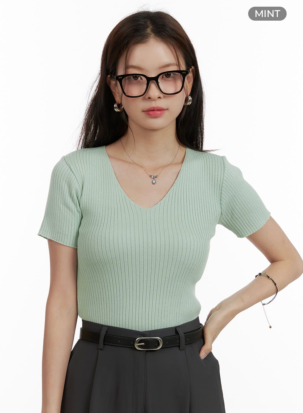 summer-v-neck-ribbed-knit-top-ou411 / Mint